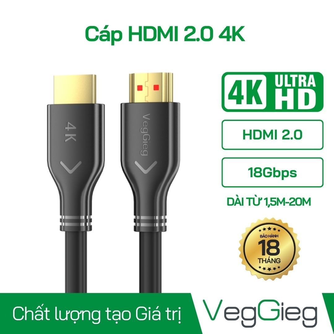 Dây Cáp HDMI VegGieg V-H112 20M chuẩn 2.0 2K 4K 60HZ (Lõi Hợp Kim)